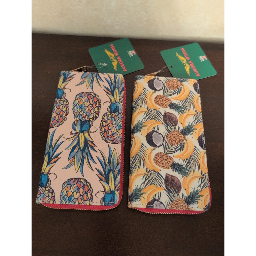 Aurora Wings Pineapple Wallets Lot of 2 NWT Tropical Fruit Zip Around Purse Set